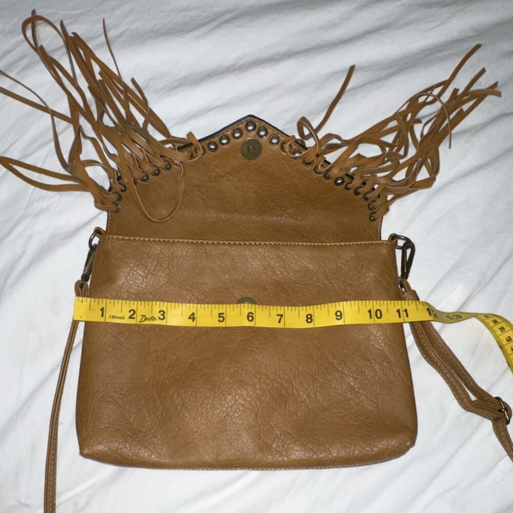 Ampere Tan Fringe Grommet Brass Hardware Magnetic Zip Shoulder Women's Bag Purse